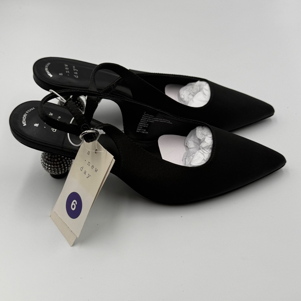 A New Day Womens Black Pointed Toe Slingback Orb Rhinestone Heel Pump Size 6 NEW